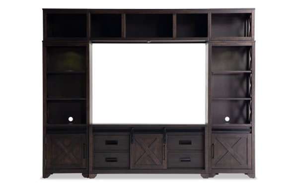 Montana 99'' Espresso 4 Piece Rustic Storage Entertainment Center with pine solids, MDF, pine veneer, LED lighting, multiple shelves, and cabinets.