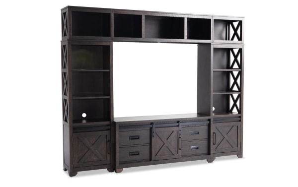 Montana 99'' Espresso 4 Piece Rustic Storage Entertainment Center with pine solids, MDF, pine veneer, LED lighting, shelves, drawers, and sliding barn doors.