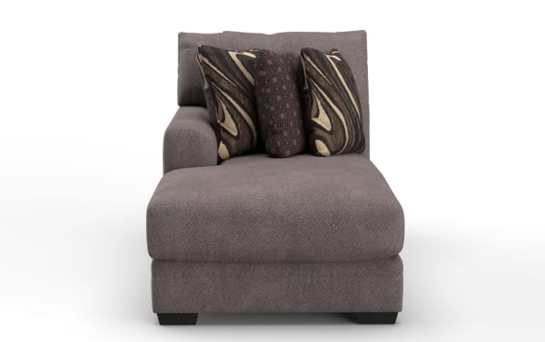 Modern gray fabric chaise lounge with textured upholstery, featuring three decorative patterned throw pillows and a left armrest.