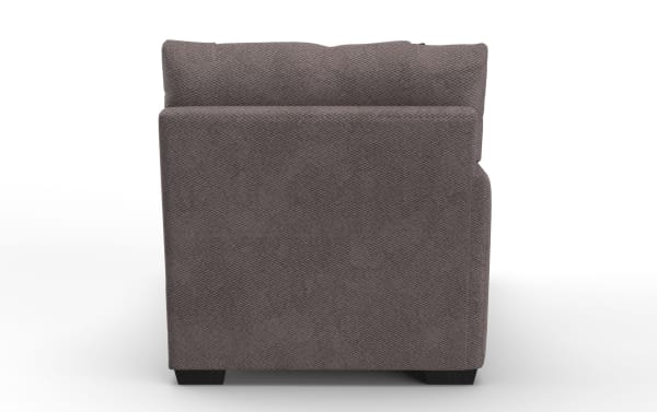 Side view of a modern gray fabric upholstered sofa with a textured surface and black wooden legs, showcasing its clean lines and compact design.