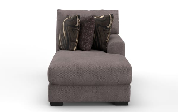 Modern gray fabric chaise lounge with textured upholstery, right armrest, and three decorative patterned cushions for living room seating.