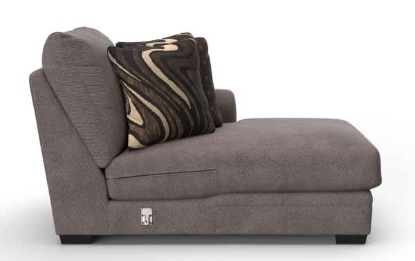 Modern gray fabric chaise lounge with textured upholstery, angled backrest, and two decorative patterned throw pillows in black and beige tones.
