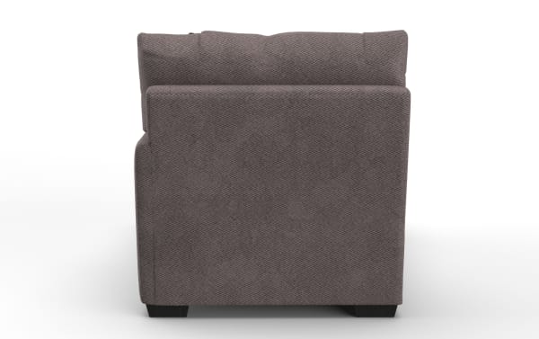 Upholstered armchair side view in textured dark gray fabric with a cushioned backrest and wooden block legs, suitable for modern living rooms.
