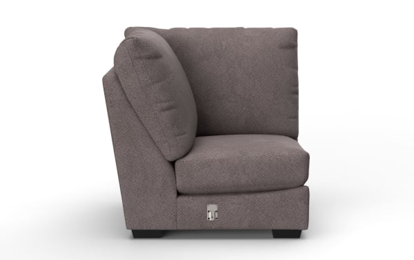 Corner section of a modular sofa upholstered in textured gray fabric with plush cushions and black block legs, ideal for modern living rooms.