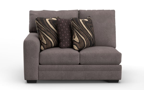 Gray fabric loveseat with two large cushions and three decorative throw pillows in brown and beige patterns, modern style seating furniture.