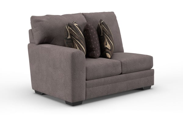 Modern gray fabric loveseat with plush cushions and three decorative brown and beige patterned throw pillows, featuring wide armrests and short black legs.
