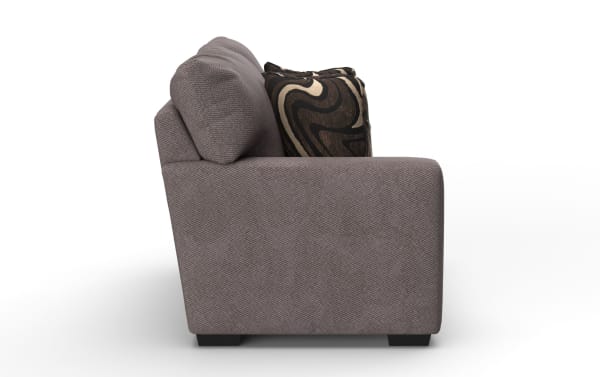 Side view of a modern gray fabric upholstered sofa with textured cushions and a decorative black and beige patterned throw pillow.