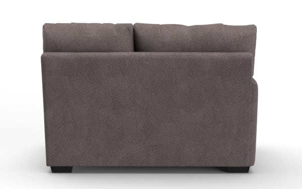 Modern gray fabric loveseat with plush back cushions, low-profile design, and dark wooden block legs, ideal for compact living spaces.