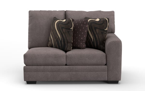 Two-seater modern loveseat upholstered in textured gray fabric with three decorative throw pillows in black and beige abstract patterns, featuring a right armrest and block wooden legs.