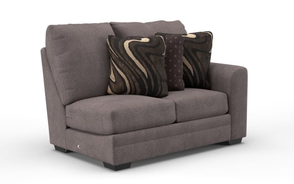 Two-seater loveseat sofa upholstered in textured gray fabric with three decorative throw pillows featuring brown and beige abstract patterns, supported by short black legs.