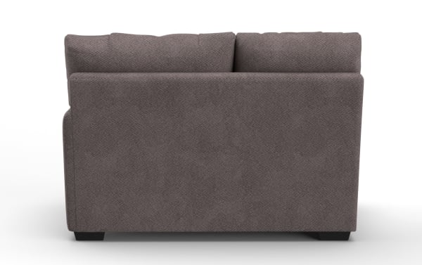 Dark gray fabric loveseat with plush back cushions and block-style wooden legs, showcasing a modern and comfortable design.