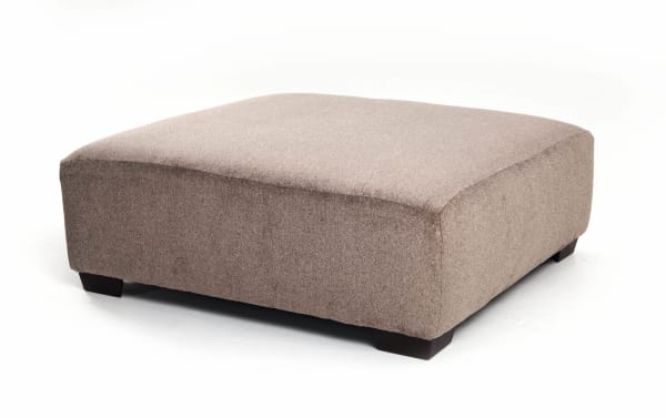 Gray Luxe Cocktail Ottoman with plush polyester chenille fabric and gel memory foam seating, transitional style, large square design with low wooden legs.