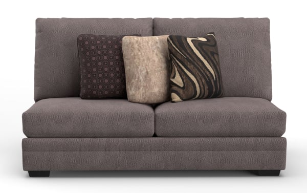 Modern two-seater sofa upholstered in textured gray fabric with three decorative throw pillows in geometric, solid, and abstract brown patterns, ideal for contemporary living room decor.