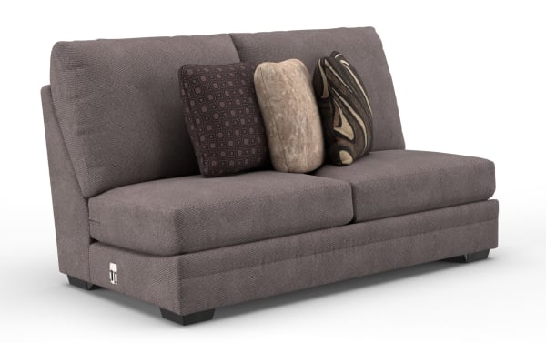 Modern gray fabric loveseat sofa with thick cushions and three decorative throw pillows in geometric and abstract patterns, ideal for living room seating.