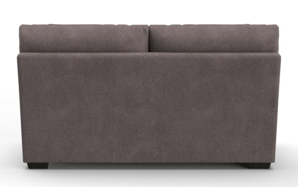 Modern two-seater sofa with dark gray textured fabric upholstery, straight backrest, and short black wooden legs.