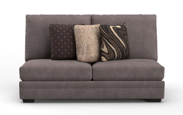 Two-seater modern sofa in textured gray fabric with three decorative throw pillows in brown and beige patterns, ideal for contemporary living rooms.
