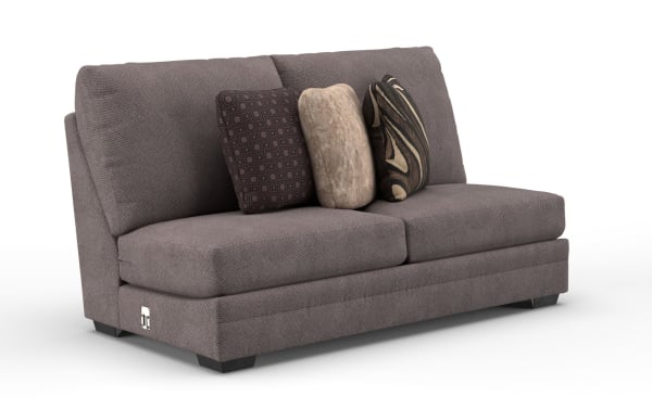 Modern gray fabric loveseat sofa with three decorative patterned cushions, plush seat and backrest, and low black feet, ideal for living room seating.