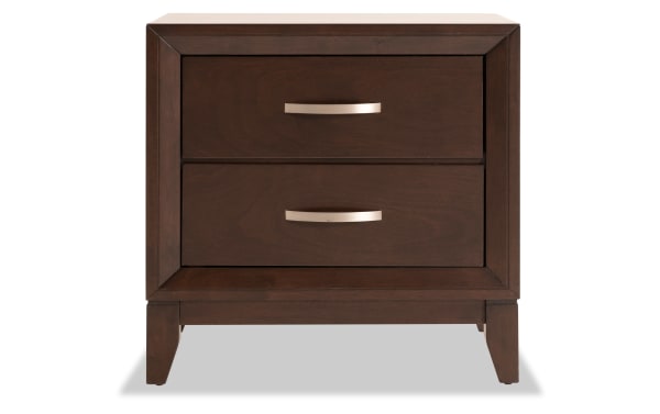 Tremont Espresso 2 Drawer Nightstand in transitional style, made of dark rubberwood solids and veneers with metal handles and English dovetail drawers.