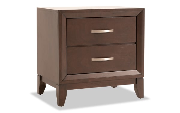 Tremont Espresso 2 Drawer Nightstand in transitional style, made of dark rubberwood solids and veneers, featuring English dovetail drawers and metal handles.