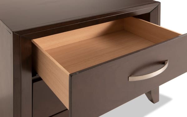 Tremont Espresso 2 Drawer Nightstand in dark espresso rubberwood with veneers, featuring transitional style, metal handles, and English dovetail drawer construction.
