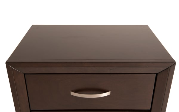 Tremont Espresso 2 Drawer Nightstand in dark brown rubberwood solids and veneers, transitional style with metal drawer pull and dovetail drawer construction.