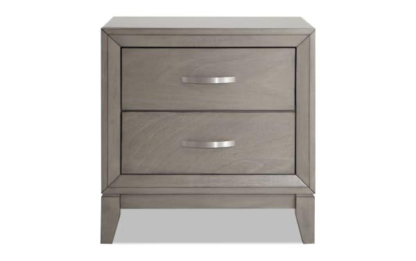 Tremont Gray 2 Drawer Nightstand in transitional style, made of rubberwood solids and veneers, featuring English dovetail drawers and metal handles.