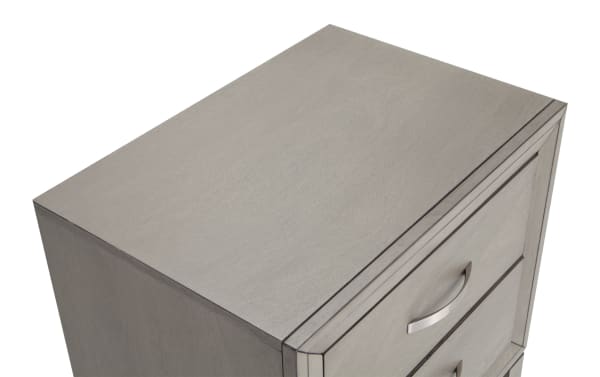 Tremont Gray 2 Drawer Nightstand in transitional style, made of gray rubberwood solids and veneers, featuring metal drawer handles and dovetail joinery.