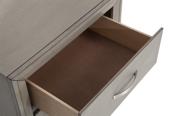 Tremont Gray 2 Drawer Nightstand in transitional style, featuring rubberwood solids, veneers, English dovetail drawers, and metal handles.