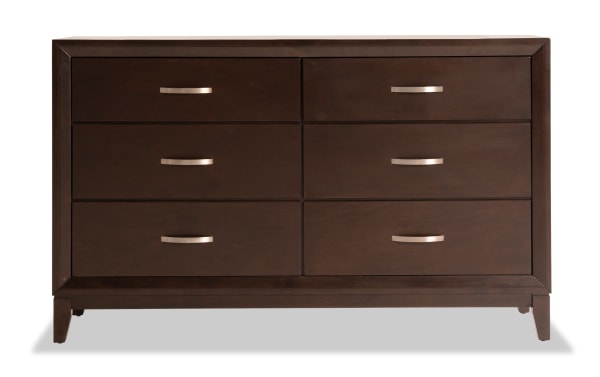 Tremont Espresso 6 Drawer Dresser in dark brown rubberwood solids and veneers, transitional style with sleek metal handles and ample storage space.