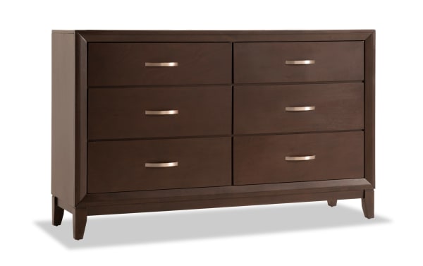 Tremont Espresso 6 Drawer Dresser in dark brown rubberwood with veneers, featuring transitional style, sleek metal handles, and ample storage space.