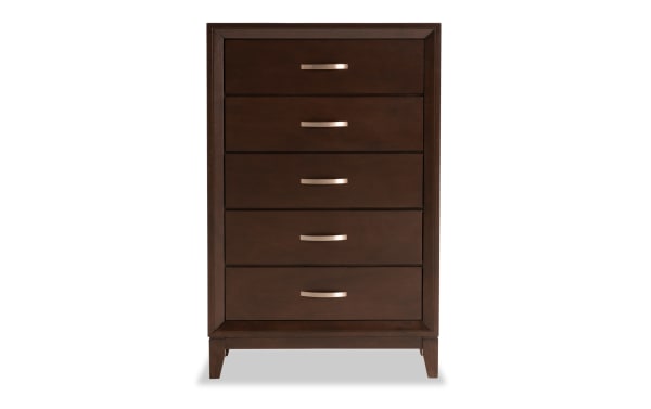 Tremont Espresso 5 Drawer Chest in transitional style, made from rubberwood solids and veneers, with espresso finish and metal handles.