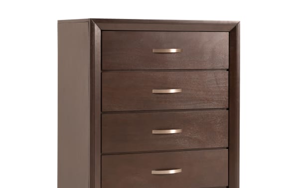 Tremont Espresso 5 Drawer Chest in transitional style, made of rubberwood solids and veneers, with a rich espresso finish and metal handles.
