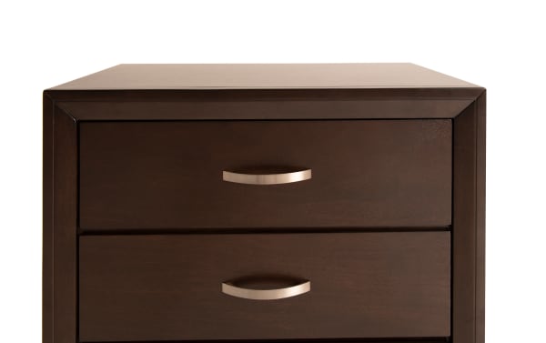Tremont Espresso 5 Drawer Chest in transitional style with rich espresso rubberwood solids and veneers, featuring sleek metal handles and quality dovetail drawers.