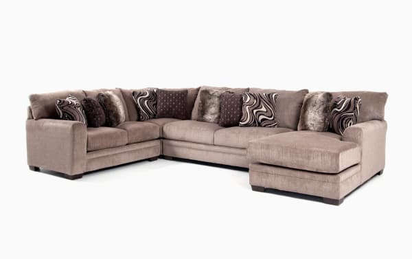 Luxe Gray 150'' 4 Piece Right Arm Facing Chaise Sectional in gray polyester fabric with chenille texture, transitional style, plush cushions, and ten accent pillows.