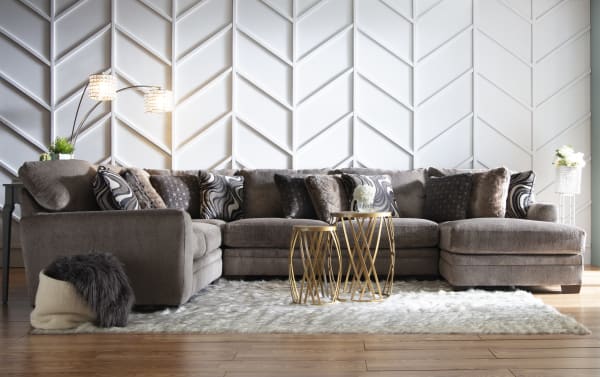 Luxe Gray 150'' 4 Piece Right Arm Facing Chaise Sectional in transitional style with gray polyester chenille fabric, ten plush accent pillows, and gel memory foam seating.