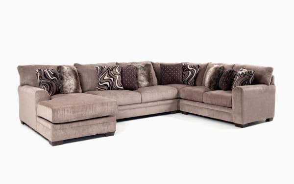 Luxe Gray 150'' 4 Piece Left Arm Facing Chaise Sectional in gray polyester fabric with chenille texture, transitional style, ten plush accent pillows, and gel memory foam seating.