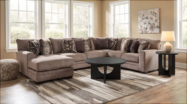 Luxe Gray 150'' 4 Piece Left Arm Facing Chaise Sectional in gray polyester fabric with chenille texture, transitional style, ten plush accent pillows, and gel memory foam seating.