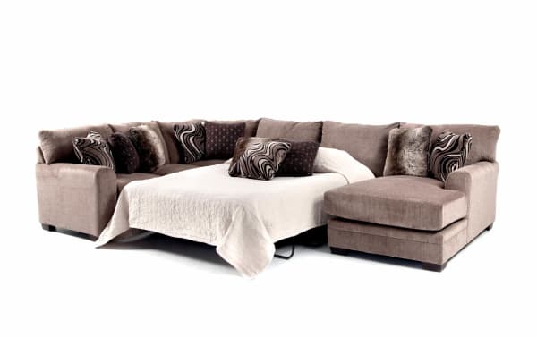 Luxe Gray 150'' 4-piece right arm facing transitional sleeper chaise sectional in soft gray polyester fabric with Bob-O-Pedic gel memory foam queen mattress and patterned accent pillows.