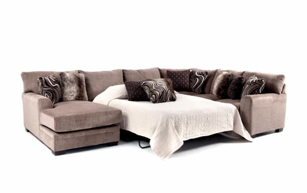Luxe Gray 150" 4-piece left arm facing sleeper chaise sectional in gray polyester fabric with gel memory foam queen mattress and patterned accent pillows, transitional style.