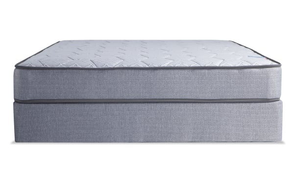 Bob's Val-U-Pedic 8'' Twin Plush Standard Mattress Set in gray with soft knit cover, 13-gauge verticoil innerspring, and memory foam layer.