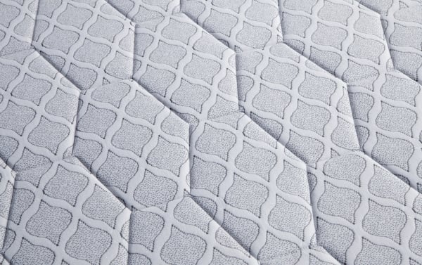 Bob's Val-U-Pedic 8'' Twin Plush Standard Mattress Set with quilted gray knit cover, geometric stitching, and plush innerspring design for pressure relief and support.