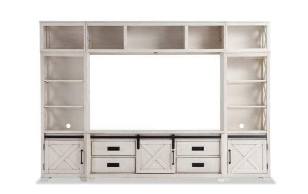 Montana 109'' White 4 Piece Entertainment Center in rustic style, made of pine solids, MDF, and pine veneer, with shelves, drawers, cabinets, and LED lighting.