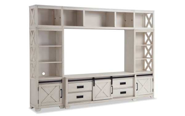 Montana 109'' White 4 Piece Rustic Entertainment Center with pine solids, MDF, pine veneer, open shelves, cabinets, and LED lighting from Montana Collection.