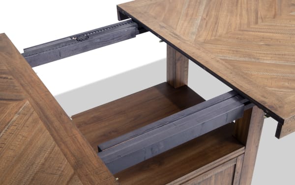 Sonoma Natural Extendable Counter Height Dining Table in solid Acacia with rustic natural finish, showing extension mechanism and under-table storage shelf.