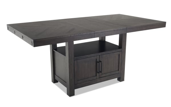 Sonoma 7 Piece Espresso & Beige Upholstered Extendable Counter Height Dining Set with solid acacia wood, storage cabinet, and transitional rustic style.
