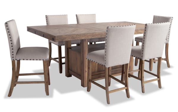 Sonoma 7 Piece Natural & Beige Upholstered Extendable Counter Height Dining Set with solid acacia wood, beige polyester fabric stools, nailhead trim, and under-table storage.
