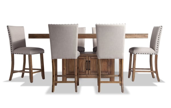 Sonoma 7 Piece Natural & Beige Upholstered Extendable Counter Height Dining Set with solid acacia wood, beige polyester fabric, nailhead trim, and under-table storage.