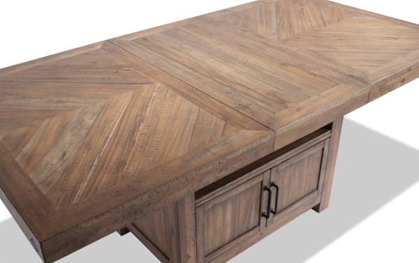 Solid acacia wood Sonoma extendable counter height dining table in natural beige with rustic finish and classic hardware, part of Sonoma Dining collection.