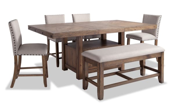Sonoma 6 Piece Natural & Beige Upholstered Extendable Counter Height Dining Set with Storage Bench, solid acacia wood, polyester fabric, transitional style, nailhead trim, memory foam cushions, natural finish, extends from 60" to 80".