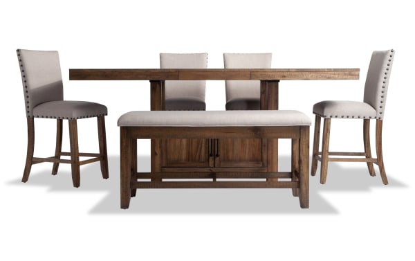 Sonoma 6 Piece Natural & Beige Upholstered Extendable Counter Height Dining Set with Storage Bench, solid acacia wood, beige polyester fabric, transitional style, nailhead trim, memory foam seating, and under-bench storage.
